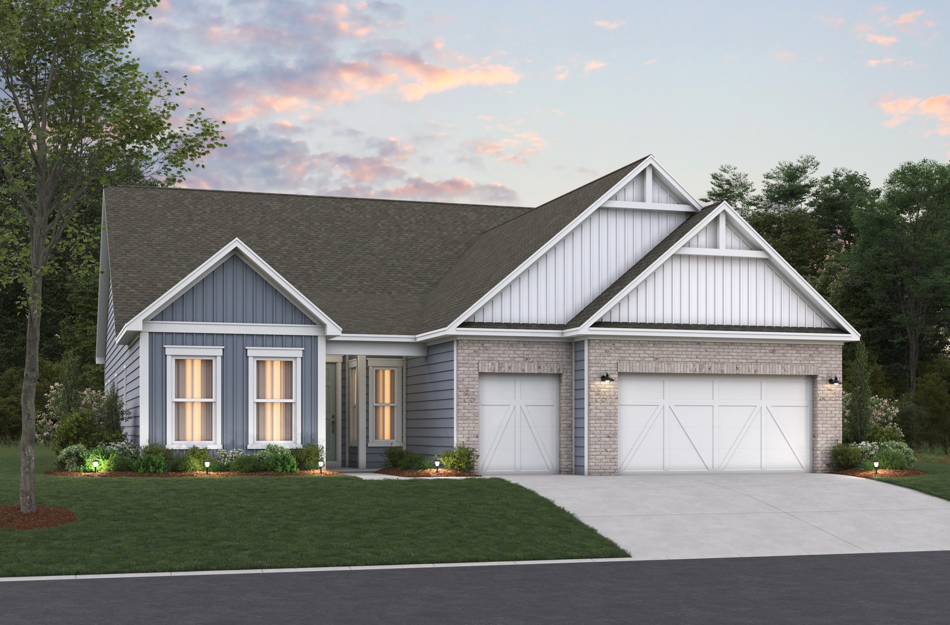 blue siding with white trim and white garage doors