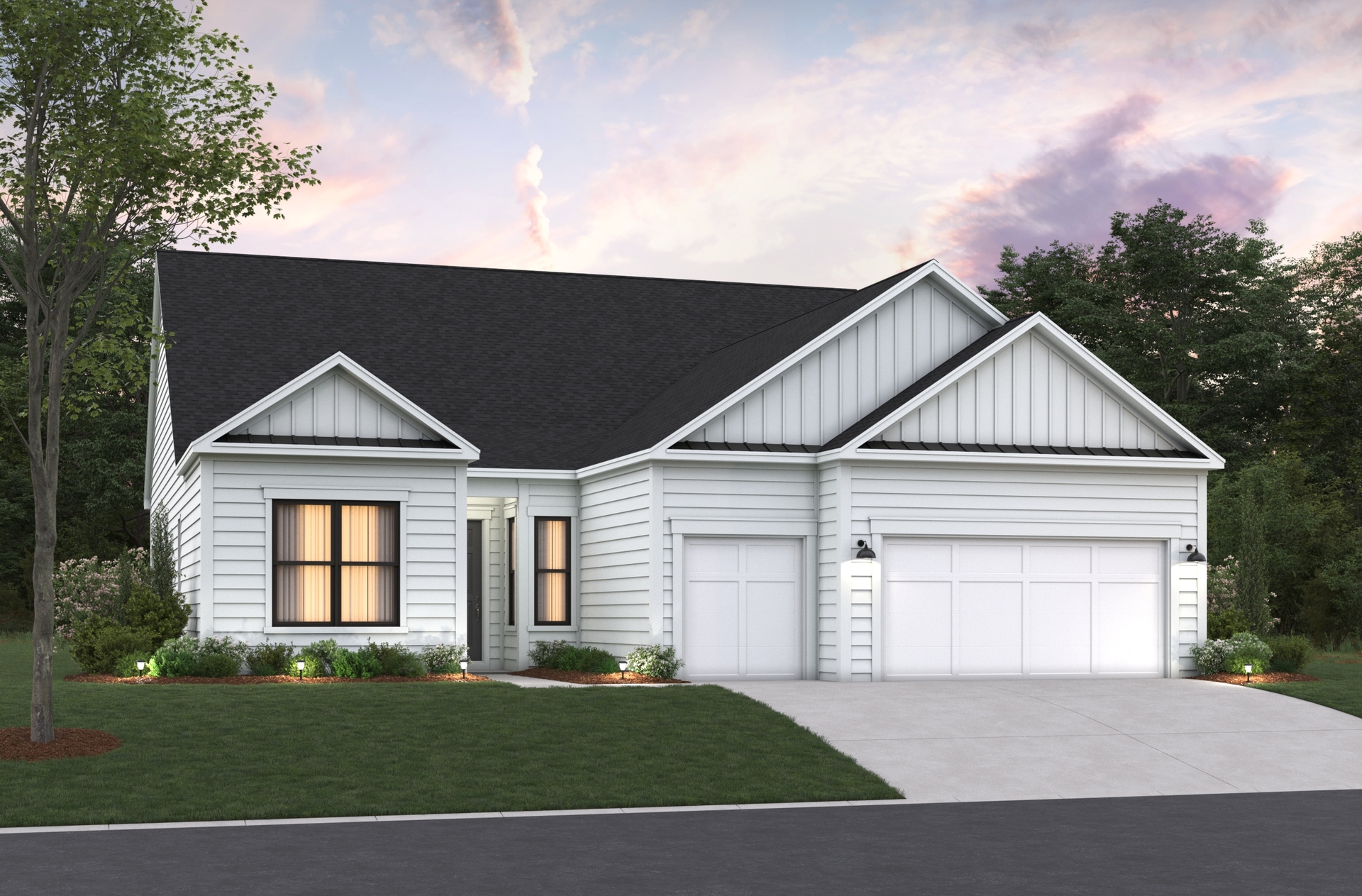 white siding with black trim and black roof