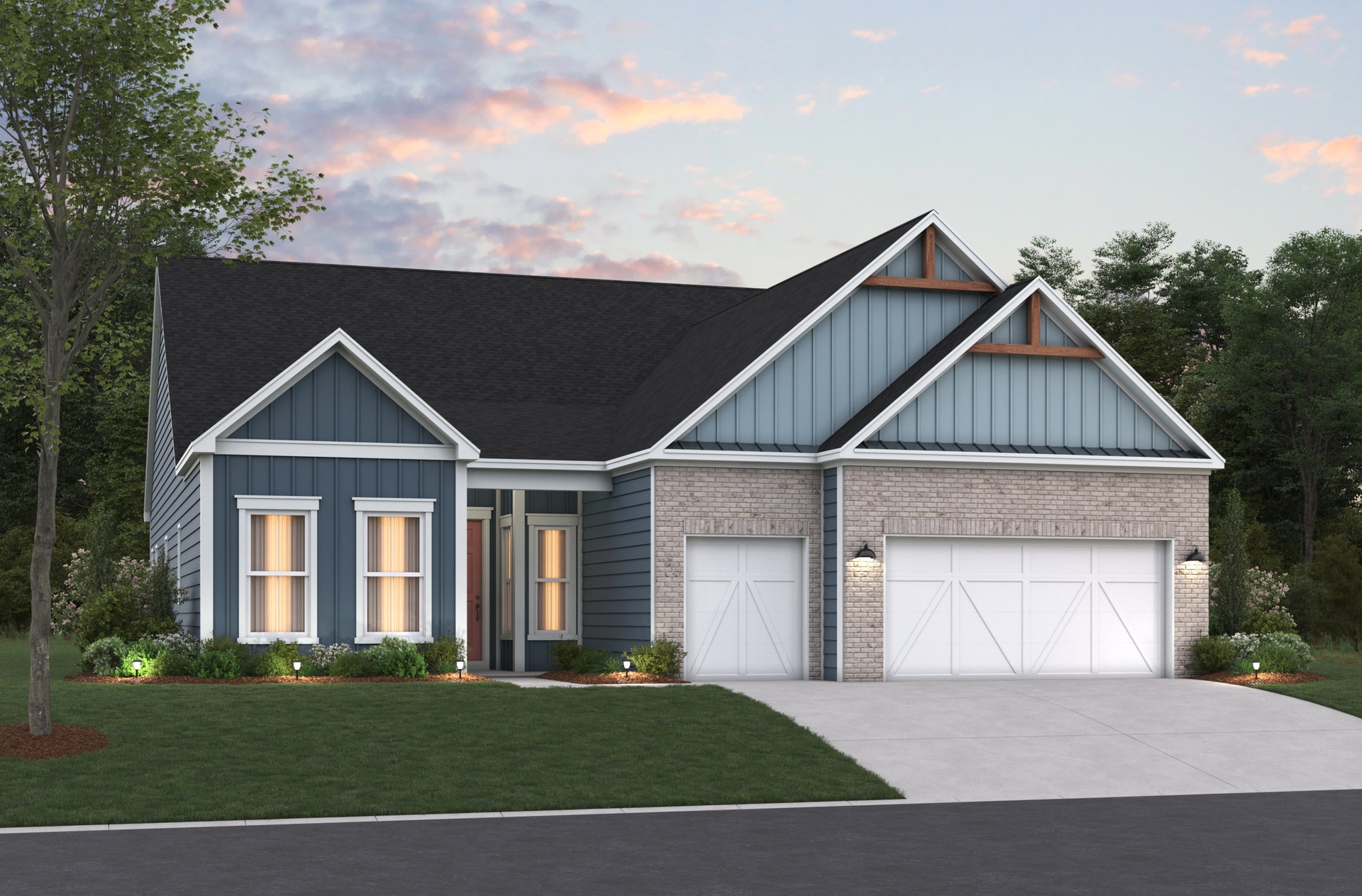 dark and light blue siding with brick accent 