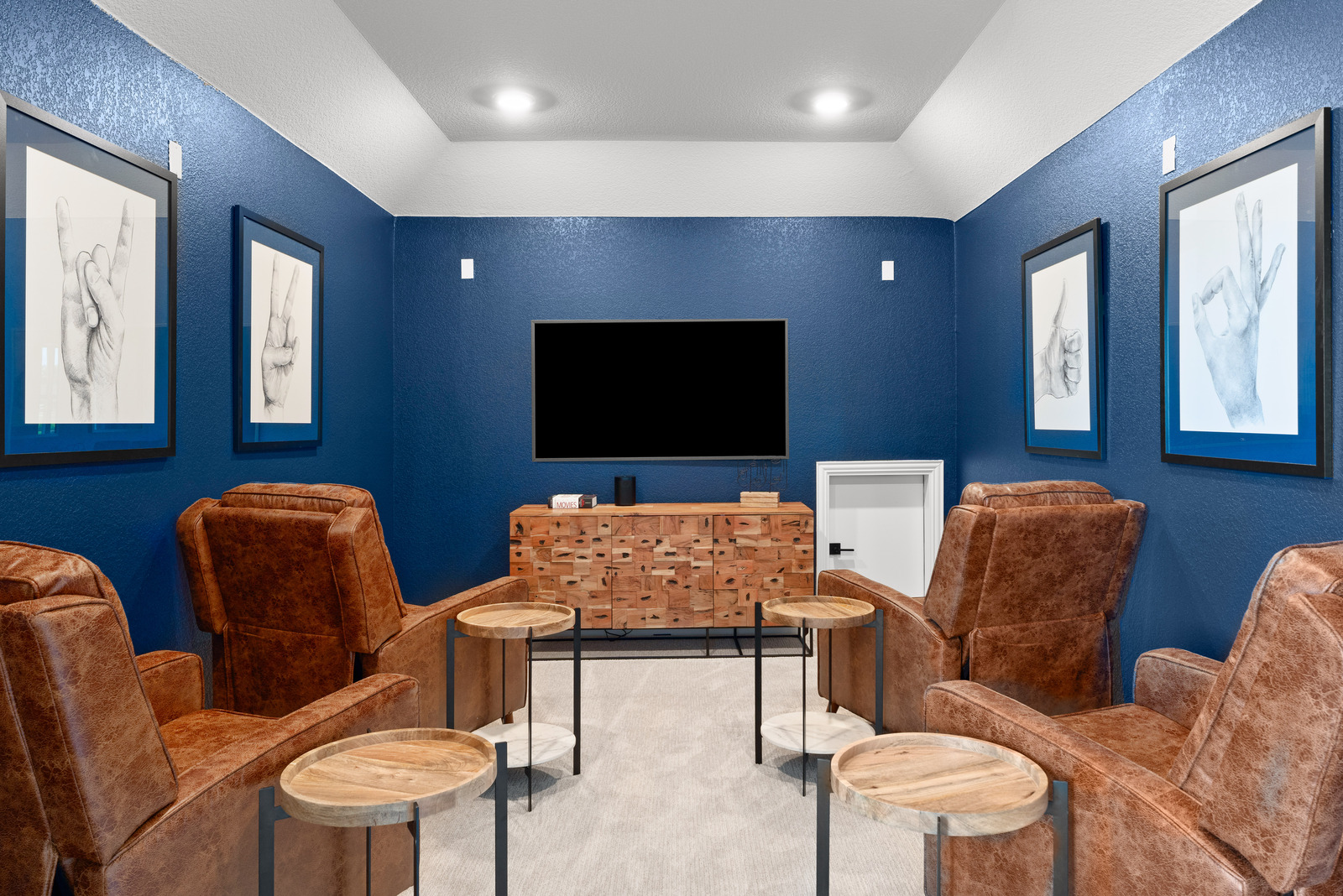 media room with dark walls ceiling details
