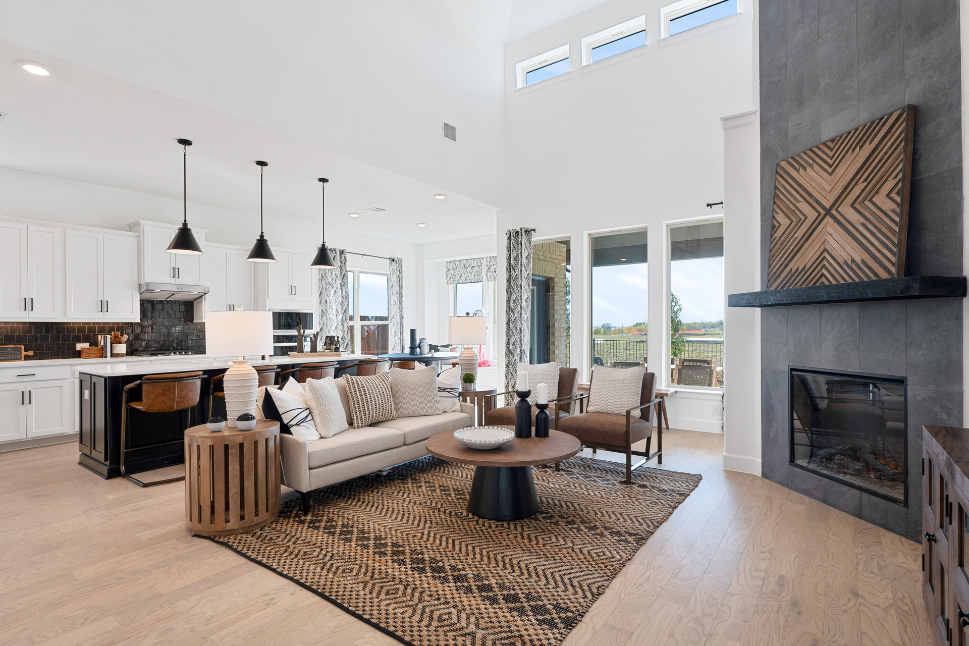 great room with two-story ceilings