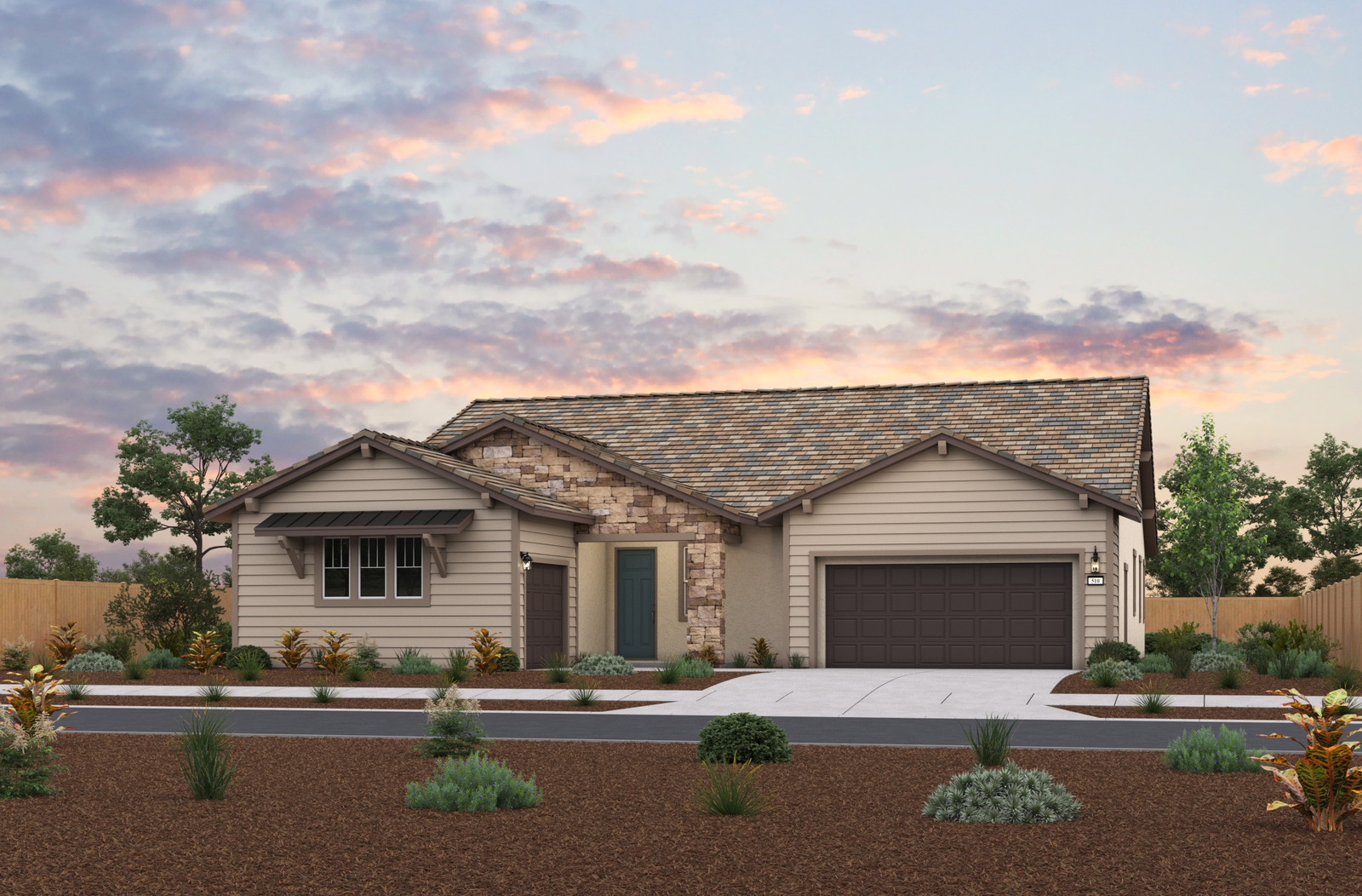 single-story home with tan & stone exterior