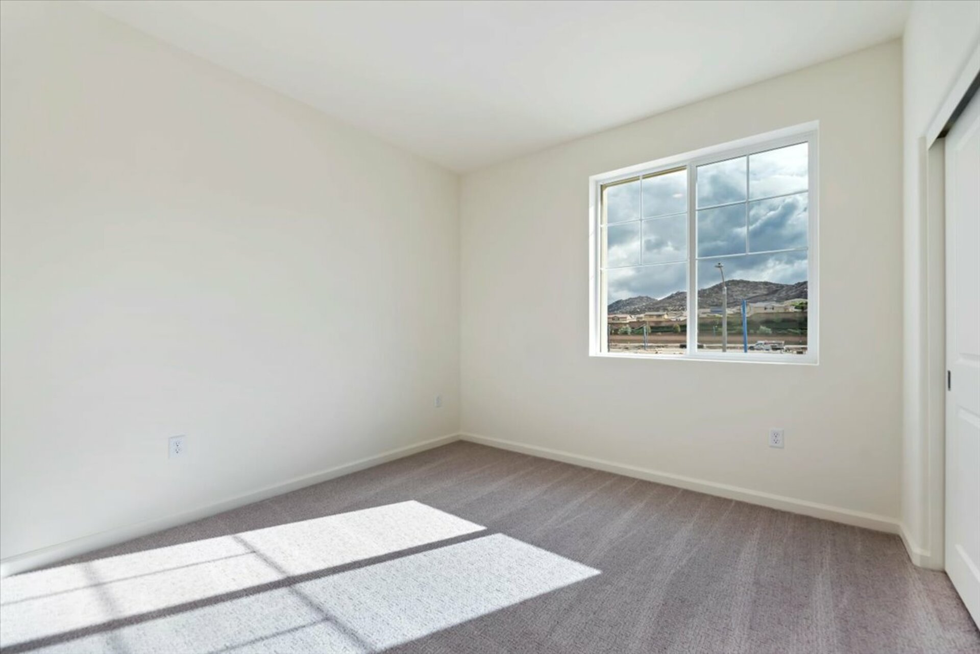 bedroom with neutral carpet and large window