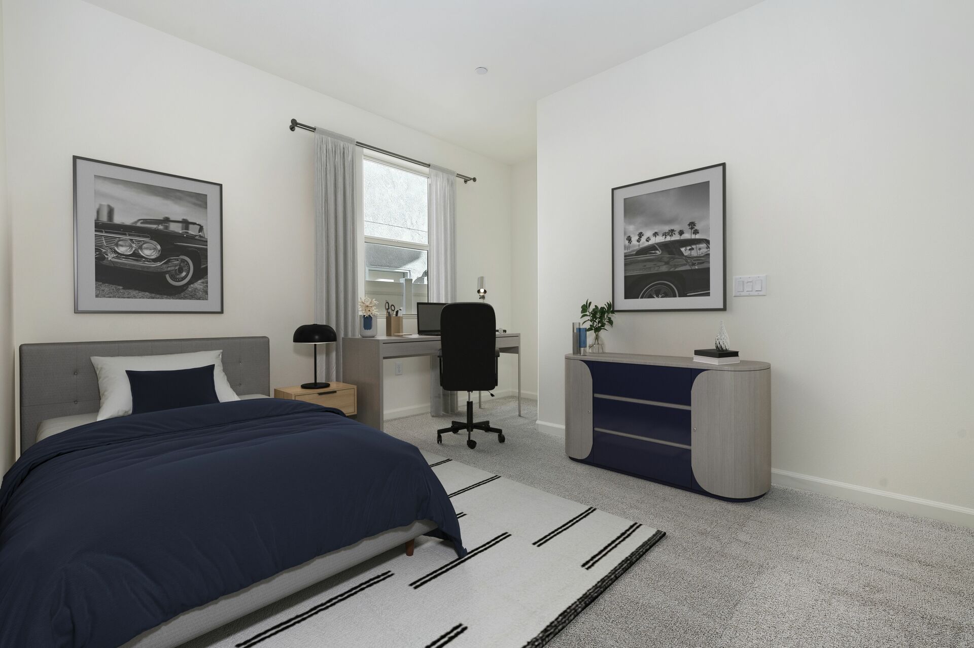 bedroom with a blue bed and desk