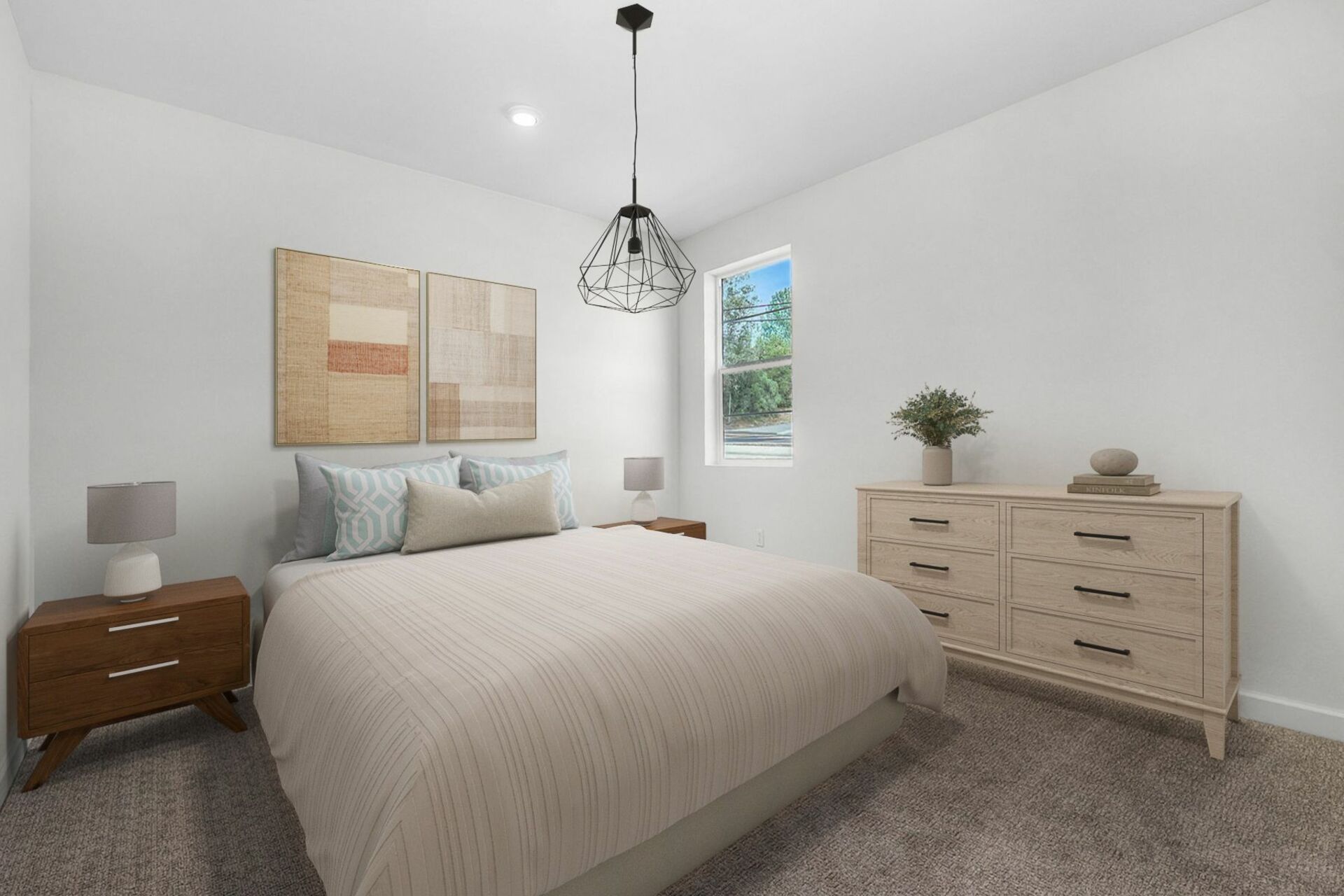 bedroom with a large bed and nightstands and a hanging light fixture
