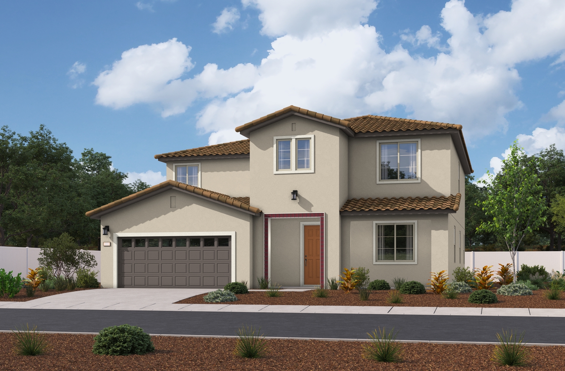 two-story exterior with a dark brown windowed garage and a burnt orange front door