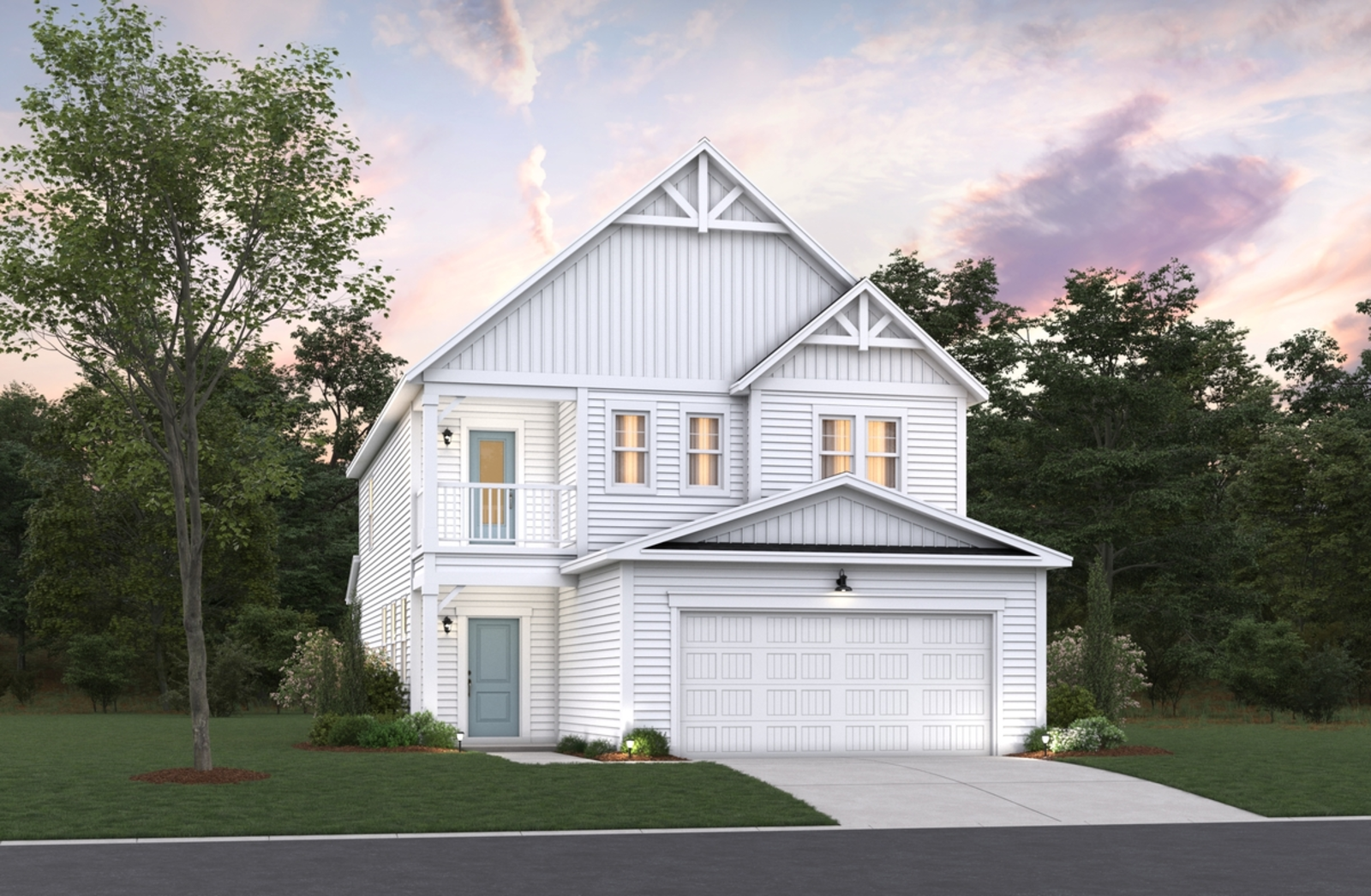 two-story home with white panel exterior and two-car garage