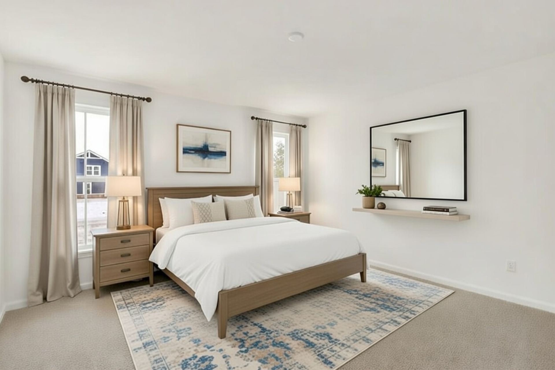 bedroom with curtains on the windows and a blue accent area rug