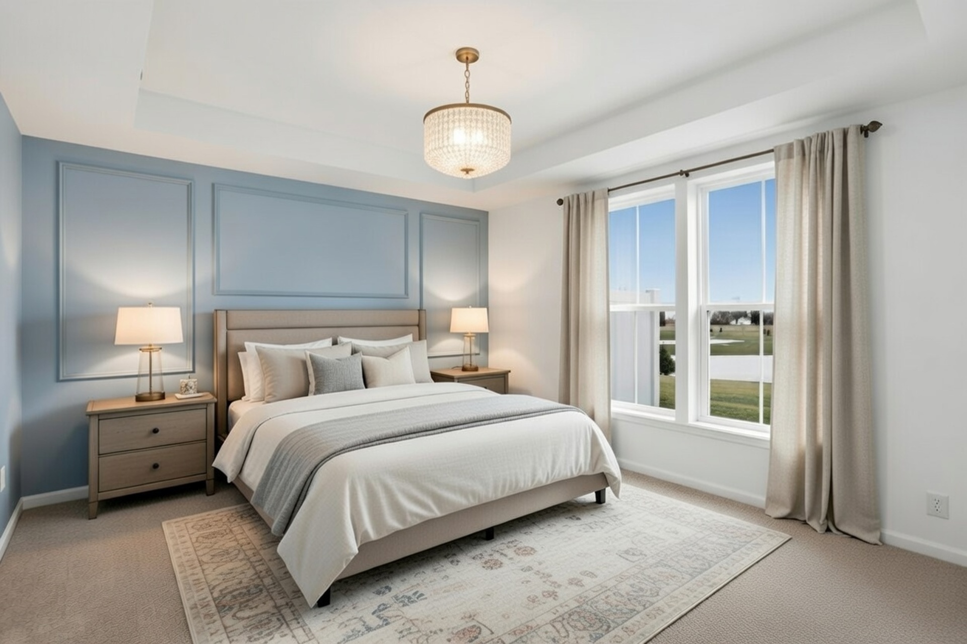 bedroom with blue accent wall that has picture frame molding