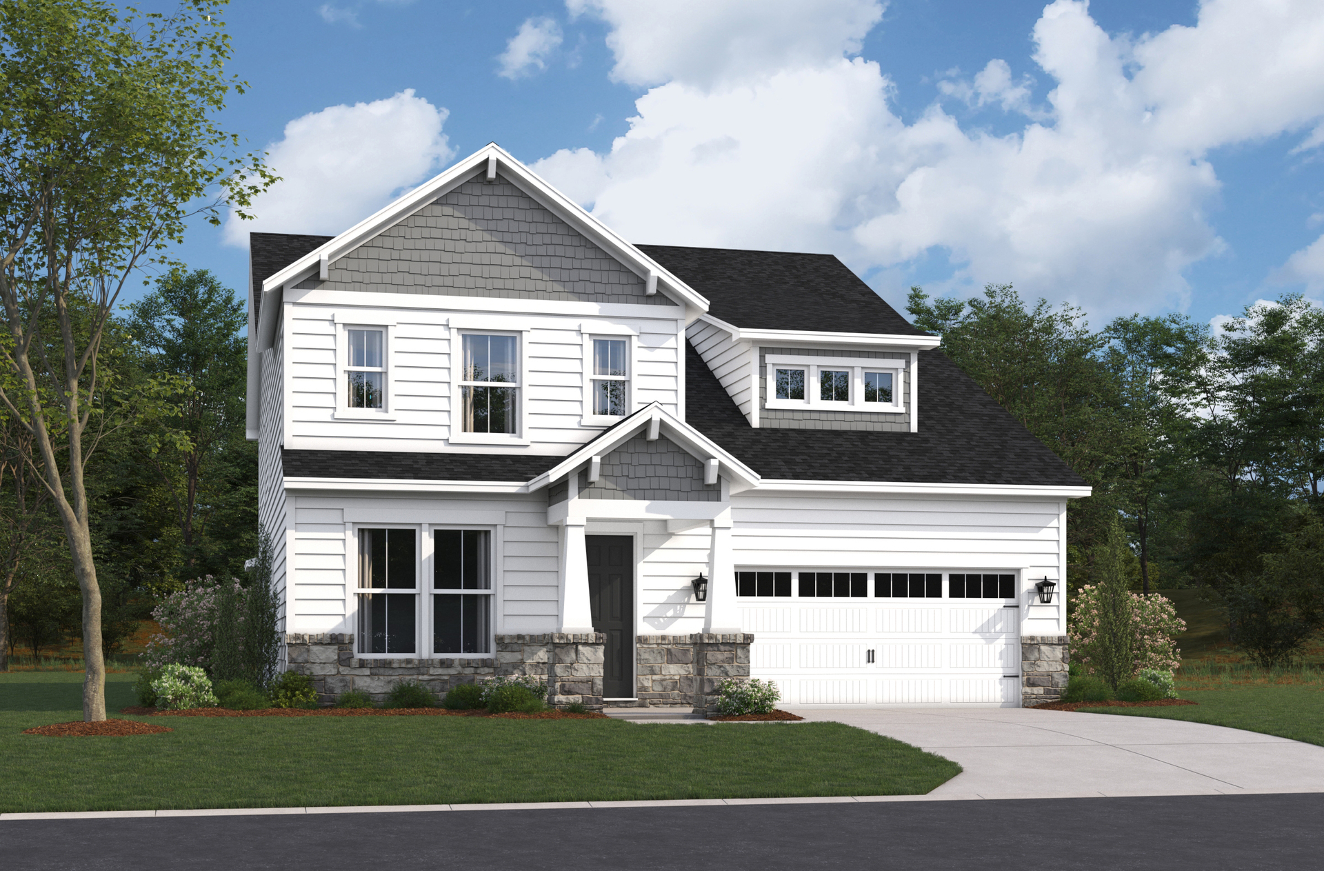 exterior rendering of home with white siding and stone accents