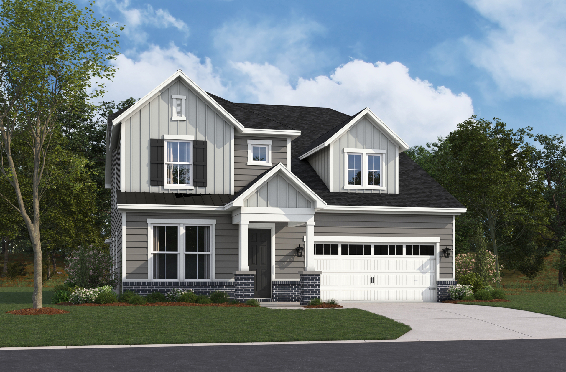 exterior rendering of home with tan siding and black brick details