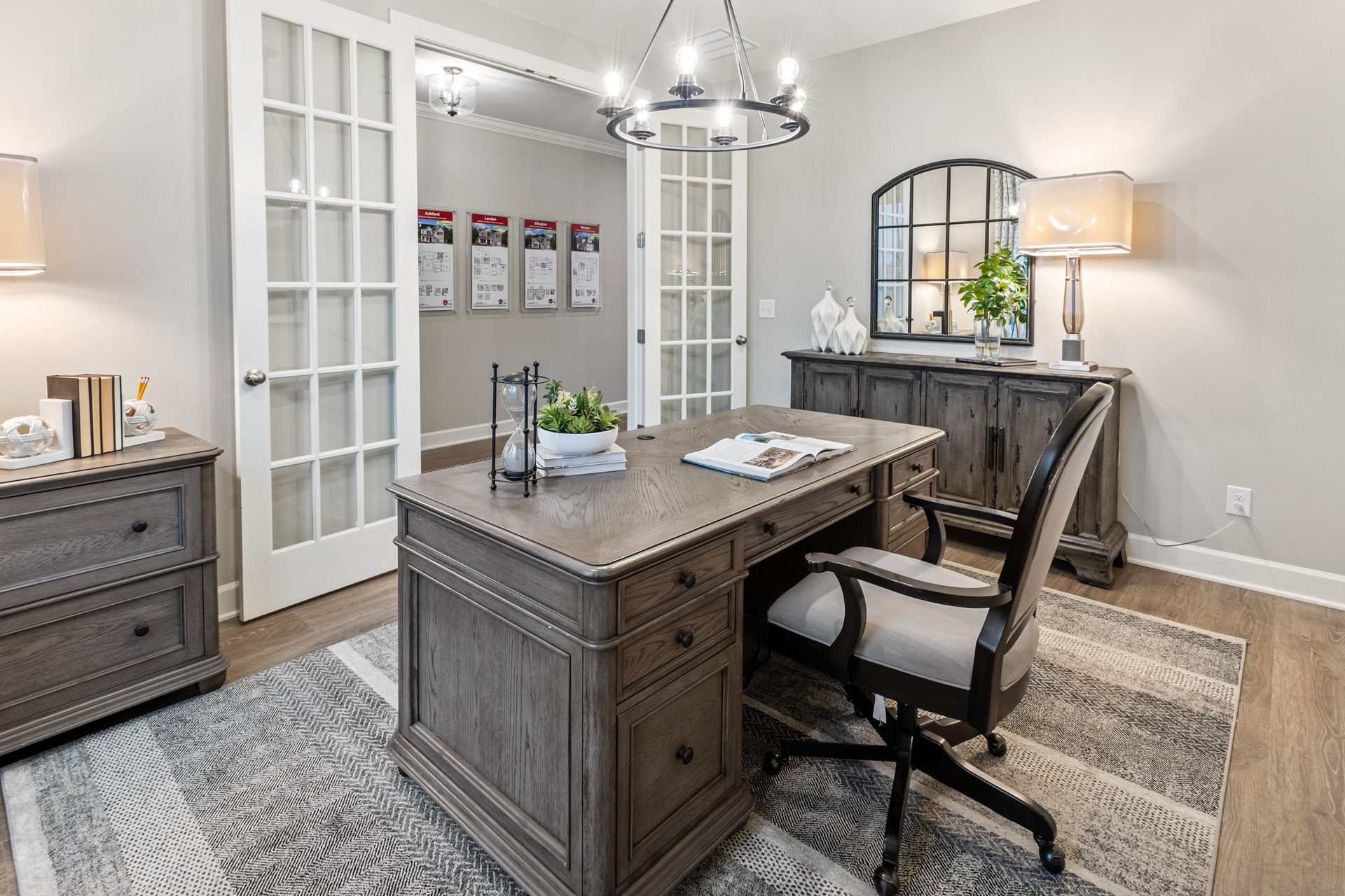 study with wood floor and french doors
