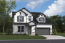 rendering of front exterior of home with white siding and gray brick accents