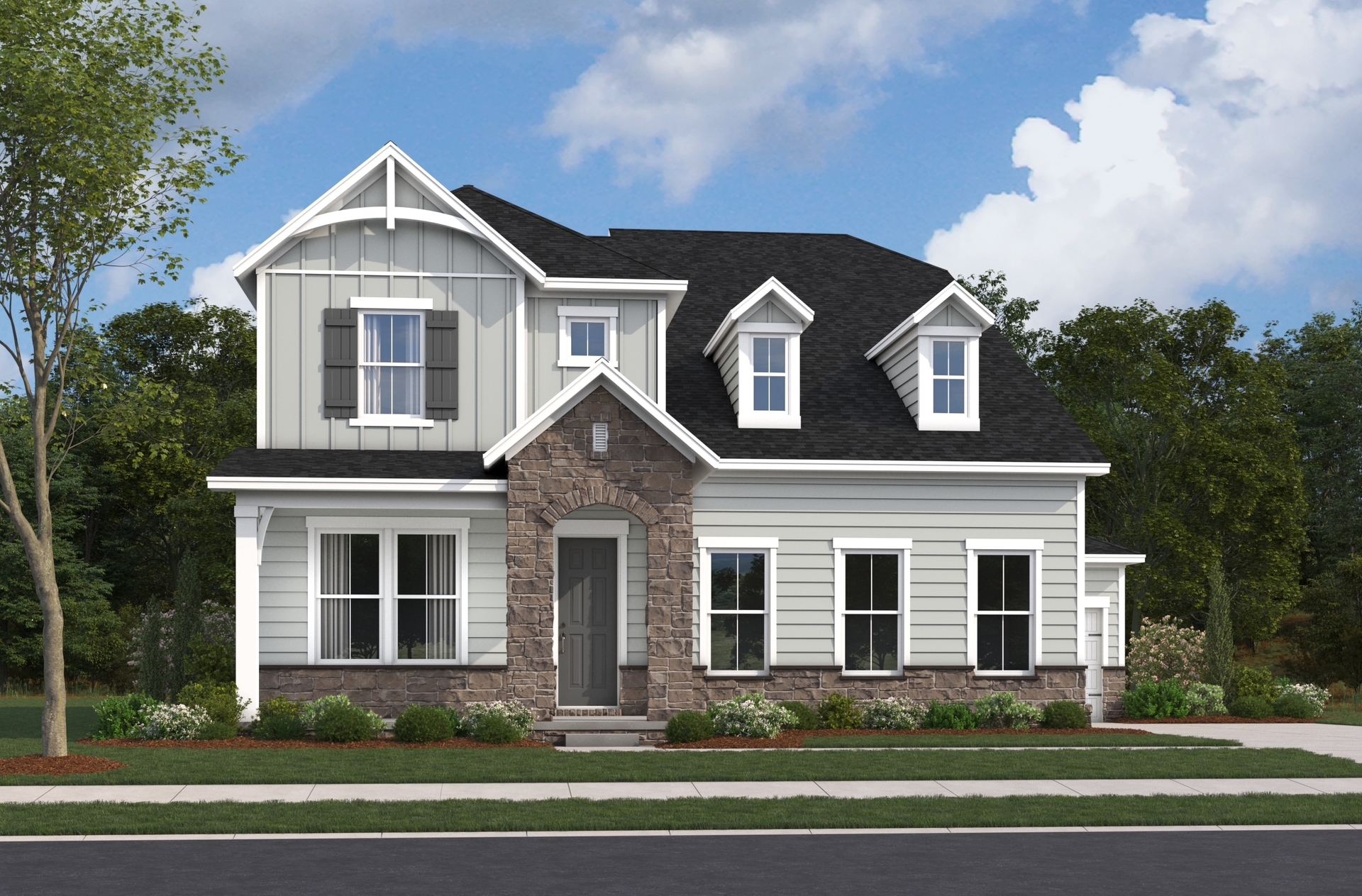 exterior with grey siding and stone