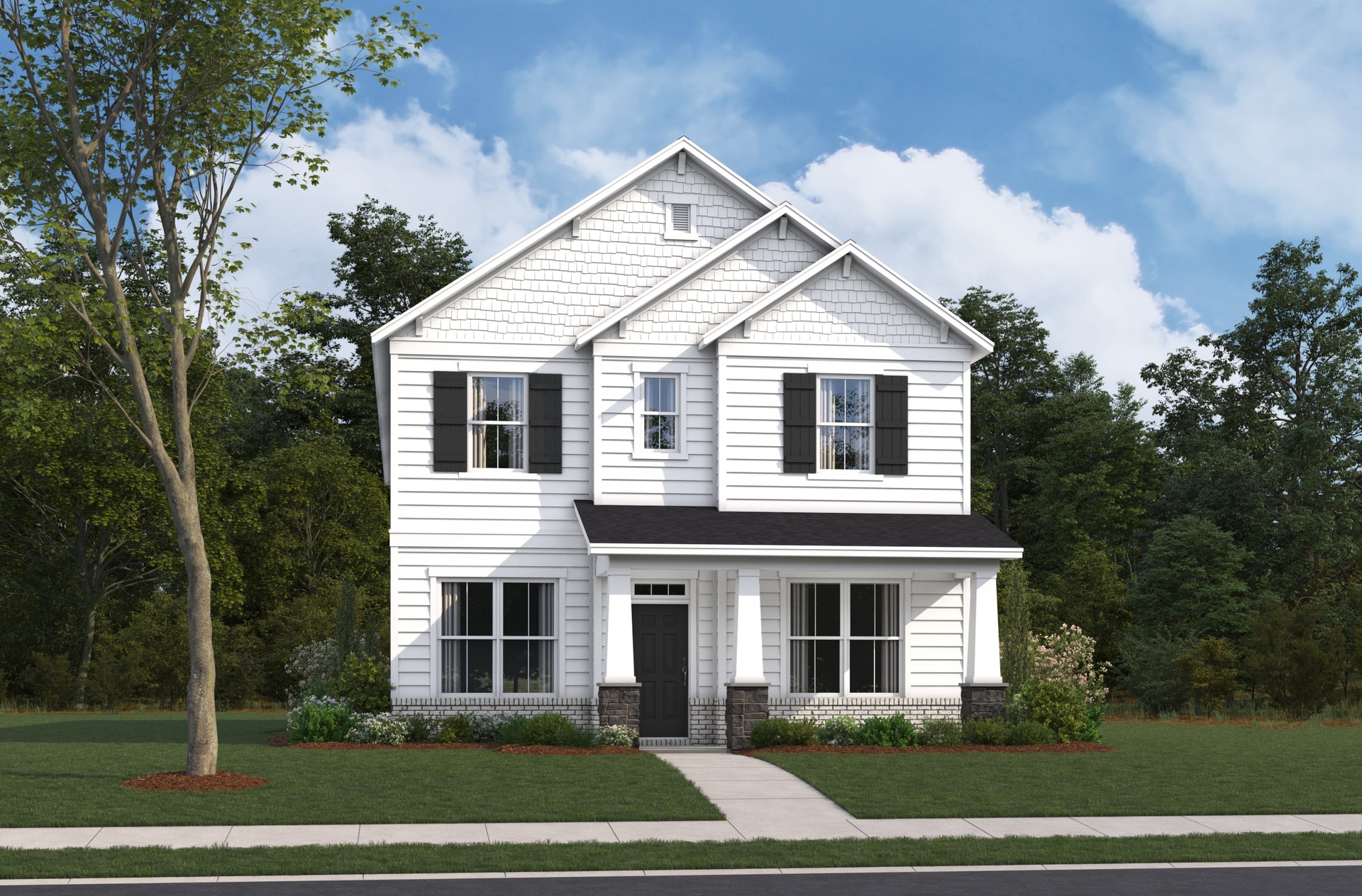 exterior rendering with white hardie plank, white brick skirt, black shutters, and a covered front porch