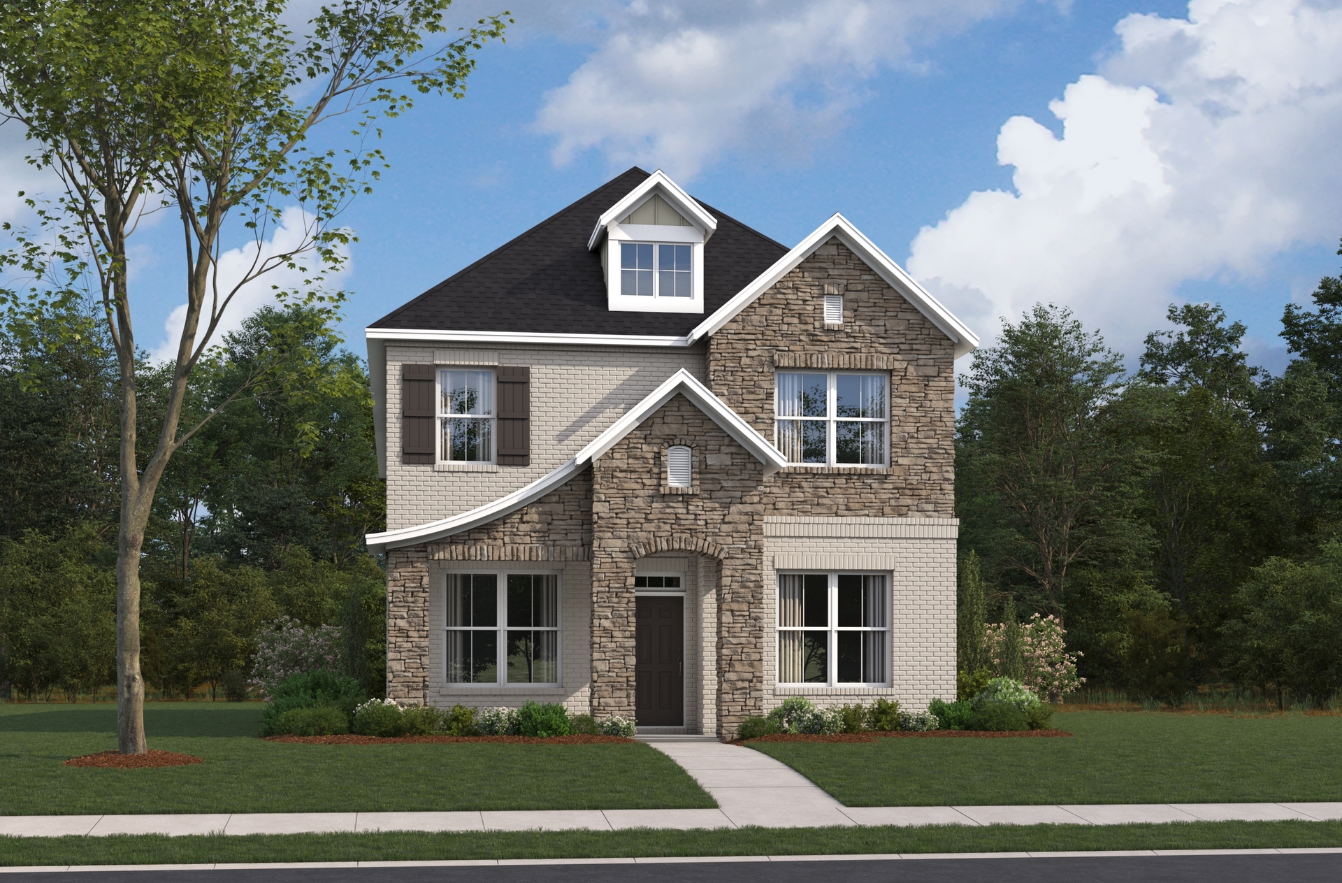 exterior rendering with tan brick, stone, and brown shutters