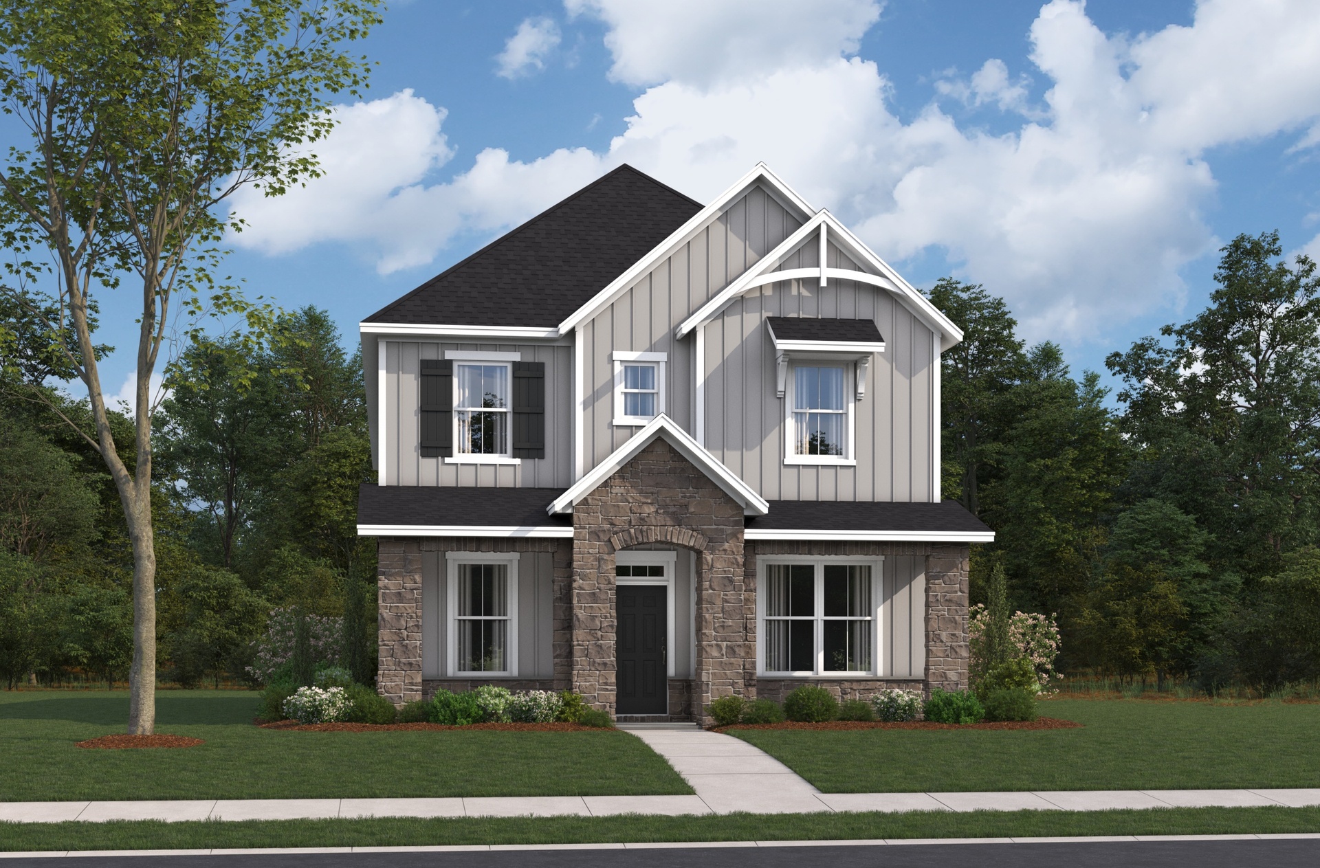 exterior rendering with gray hardie plank, stone, black shutters, and a covered front porch