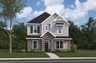 exterior rendering with gray hardie plank, stone, black shutters, and a covered front porch