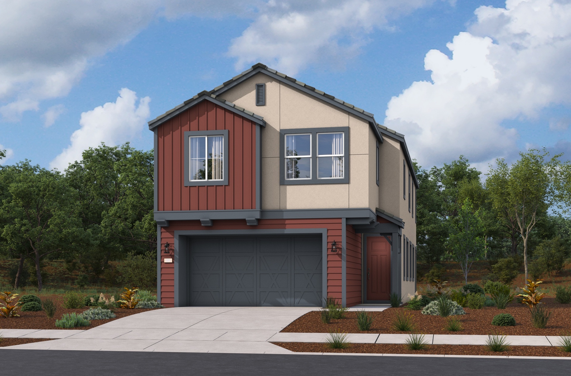 two-story multicolored exterior with two large windows and a grey windowless garage