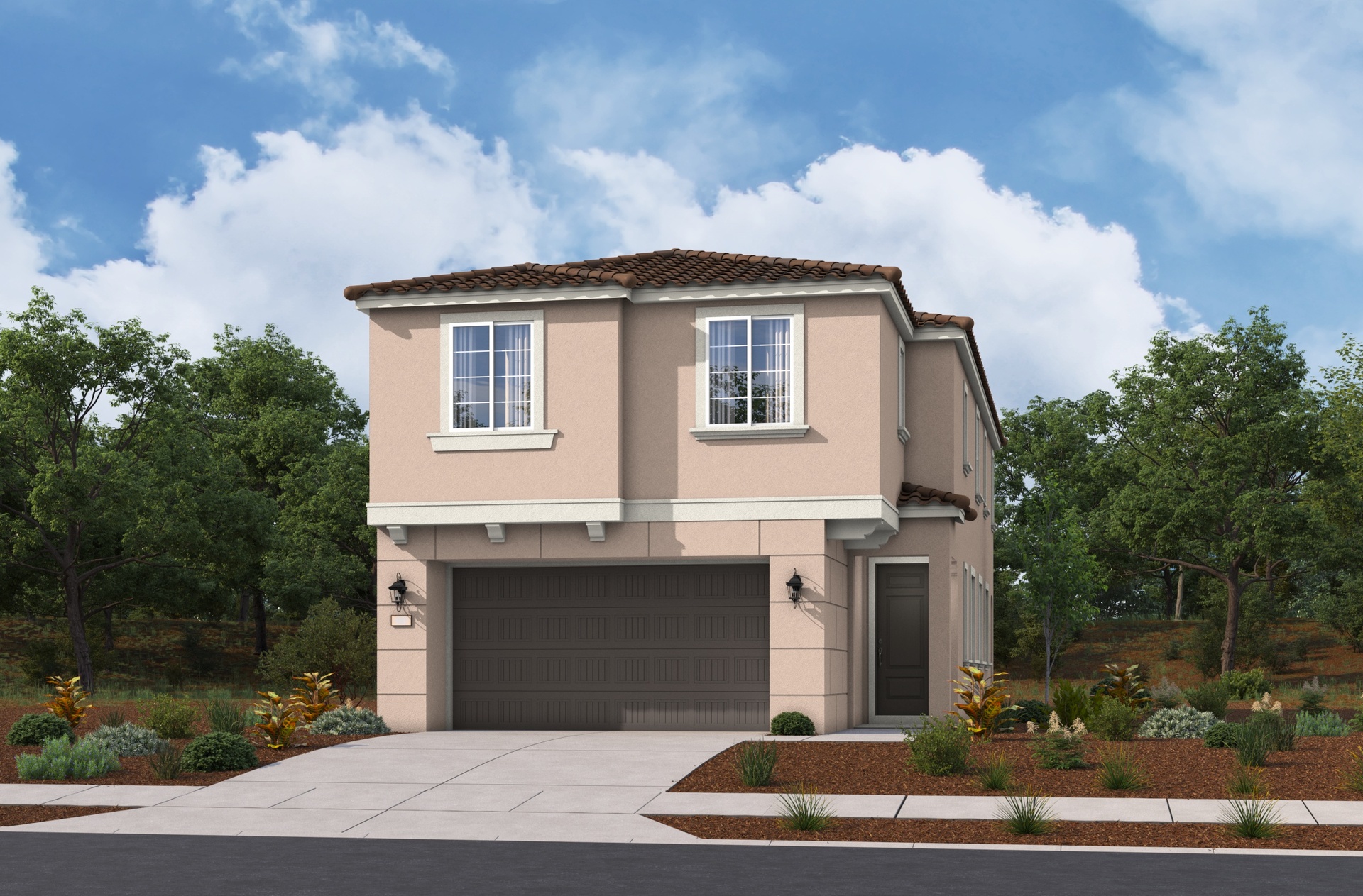two-story light brown exterior with two windows and a dark brown windowless garage