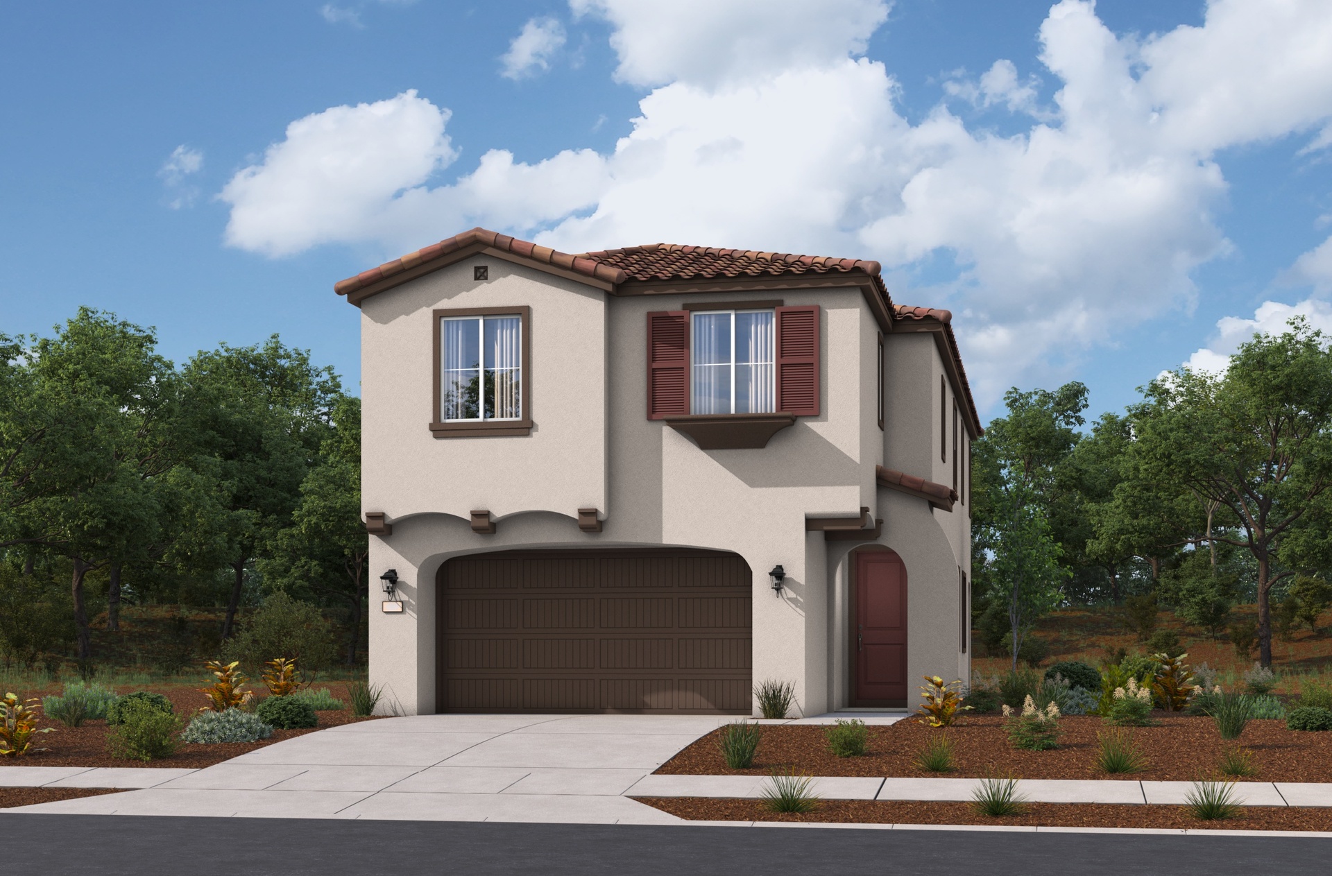 two-story cream colored exterior with two large windows and a brown windowless garage