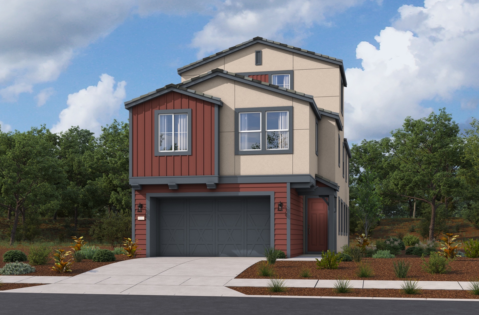 two-story multicolored exterior with two large windows and a grey windowless garage
