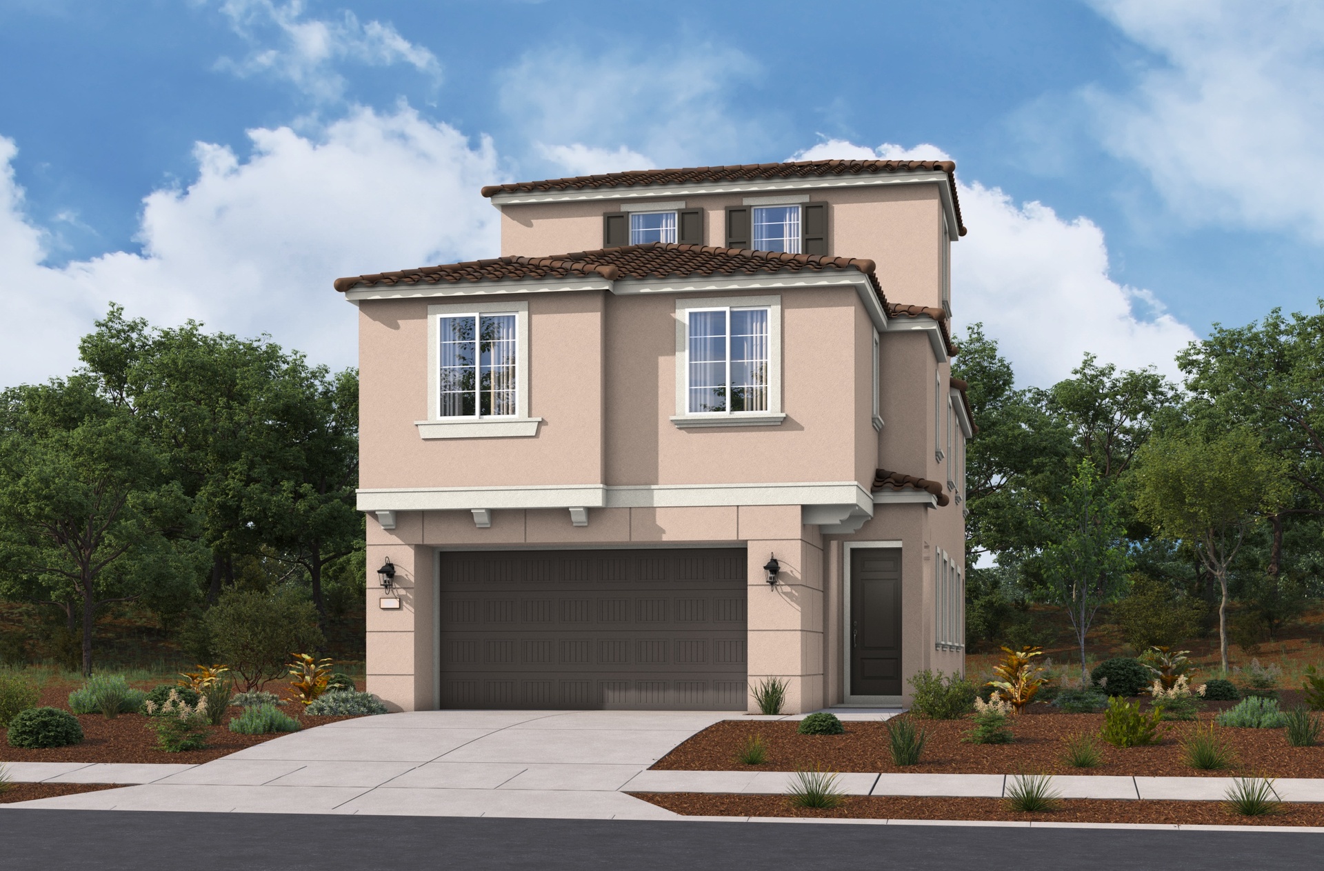 two-story light brown exterior with two windows and a dark brown windowless garage