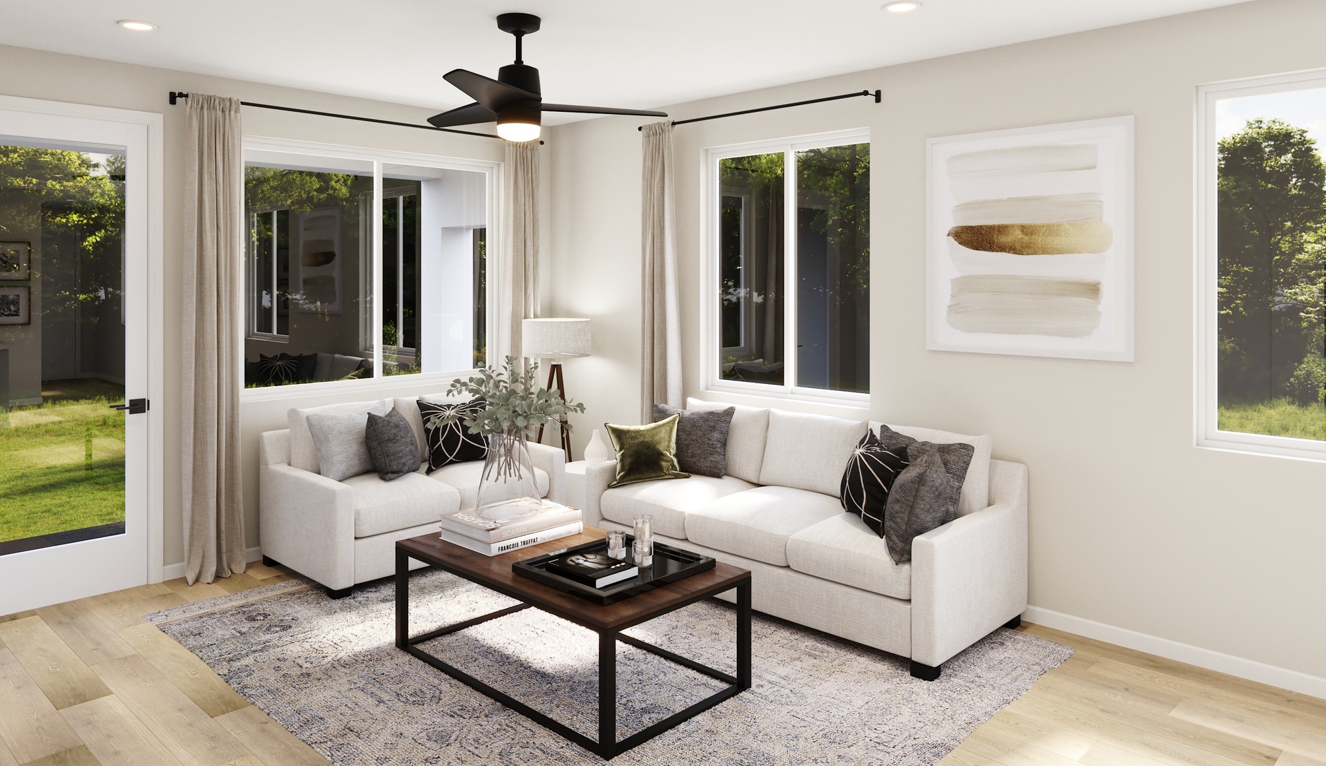 great room with large windows and neutral floors