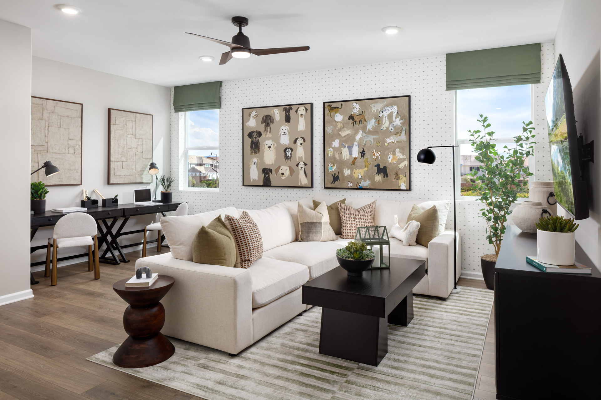 loft with neutral floors and large windows