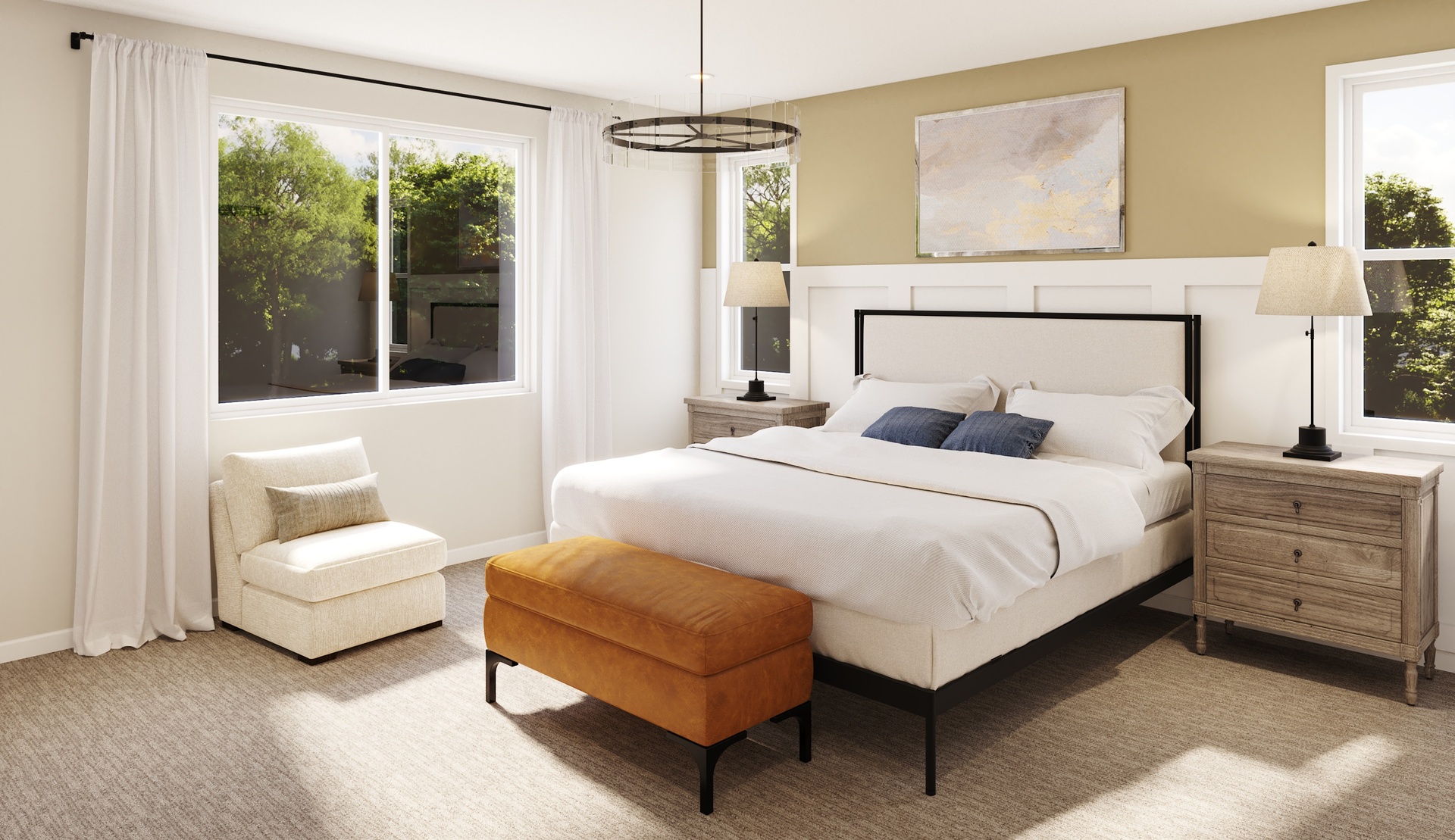 primary bedroom with large windows and neutral floors