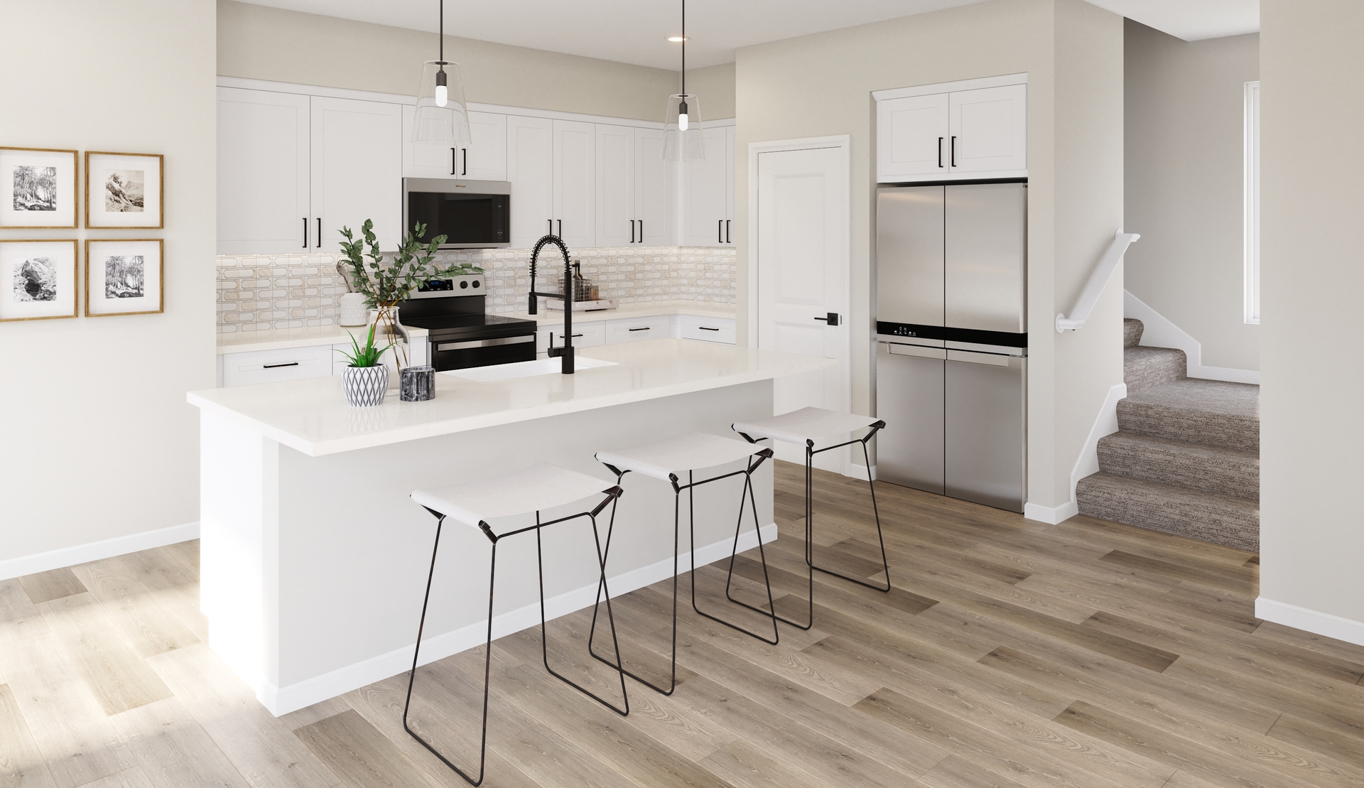 kitchen with white countertops and cabinets
