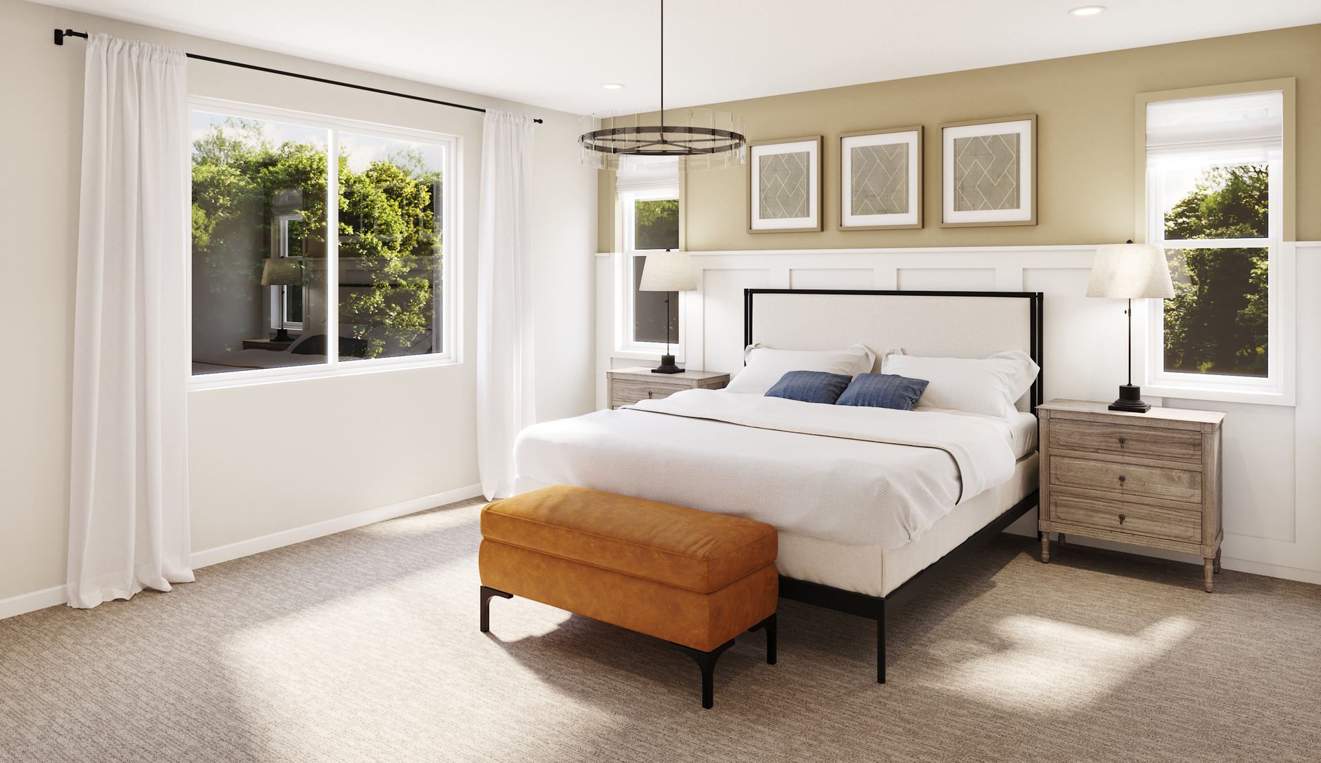primary bedroom with neutral floors and large windows