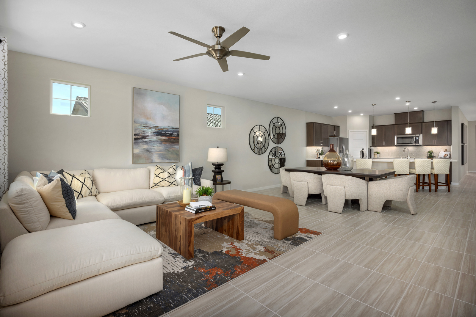 open great room and kitchen with natural light