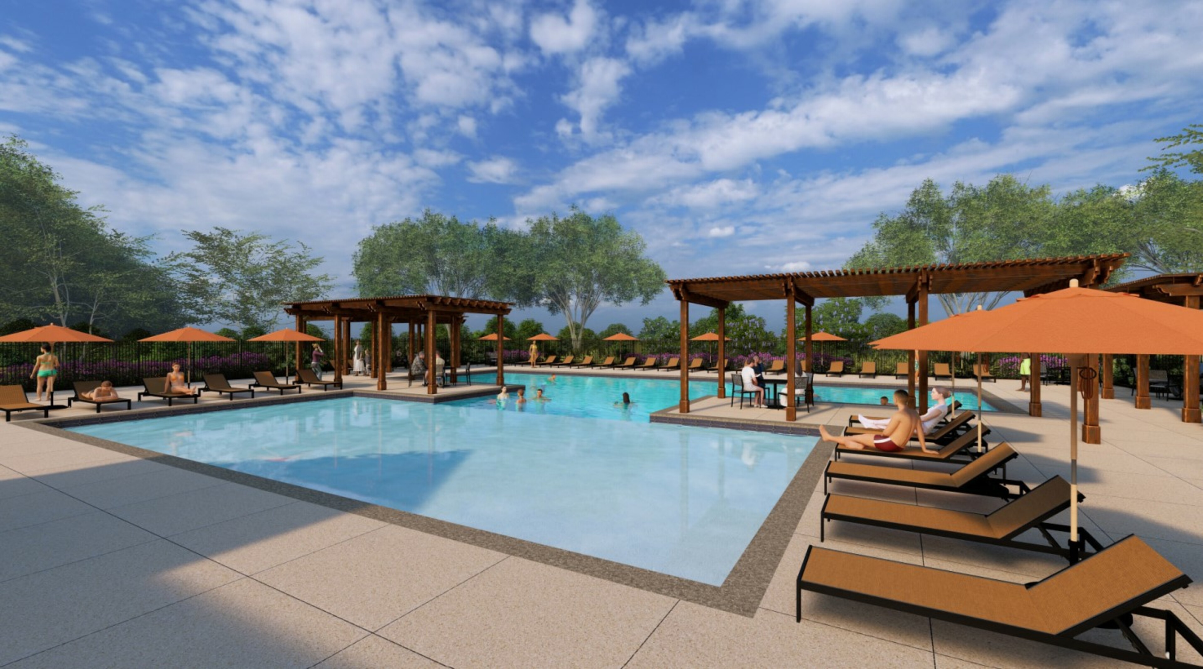 community pool with pool chairs and cabanas